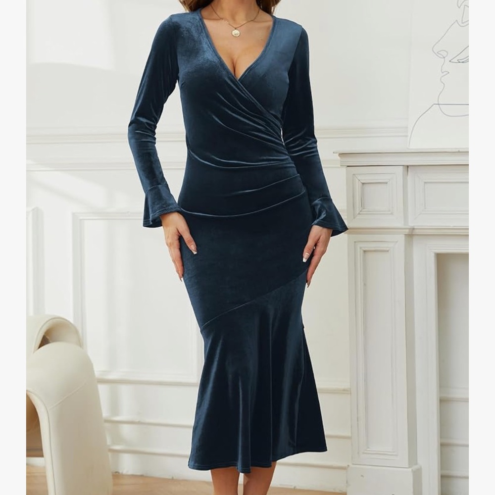 Velvet Long Sleeve formal bridesmaids Dress in Deep Blue